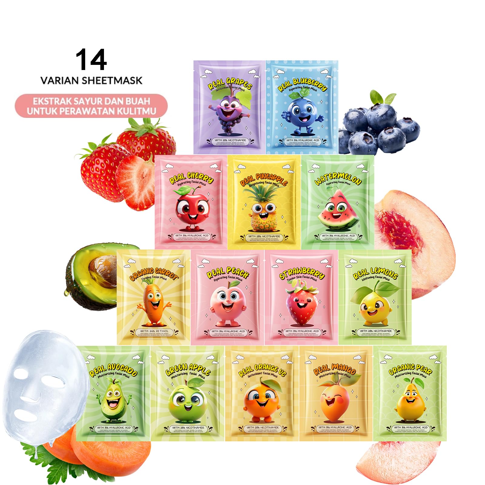14 PCS Fruit Face Masks Skincare,Sheet Facial Mask Skincare Gifts Set,Plant and fruit mask, Kids Face Mask Spa Day Kit Supplies,Soothe Face Mask for Spa Party，Moisturizing, Brightening, Soothing