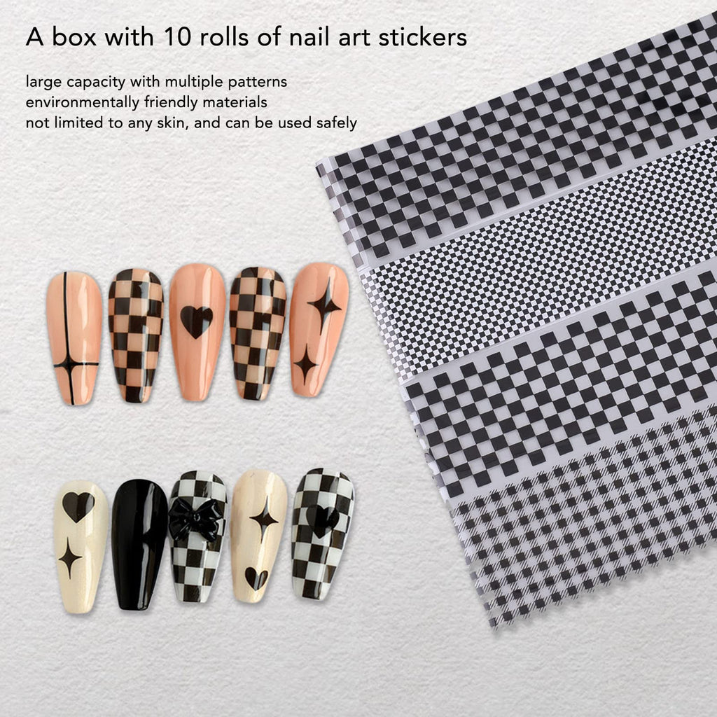 FILFEEL 1 Box Nail Foil Transfer Stickers Decals, Print Black White Plaid Nail Art Sticker, DIY Nail Art Design Tool Stickers Decals Decorations Acrylic Nails Supplies for Home and Nail Salon