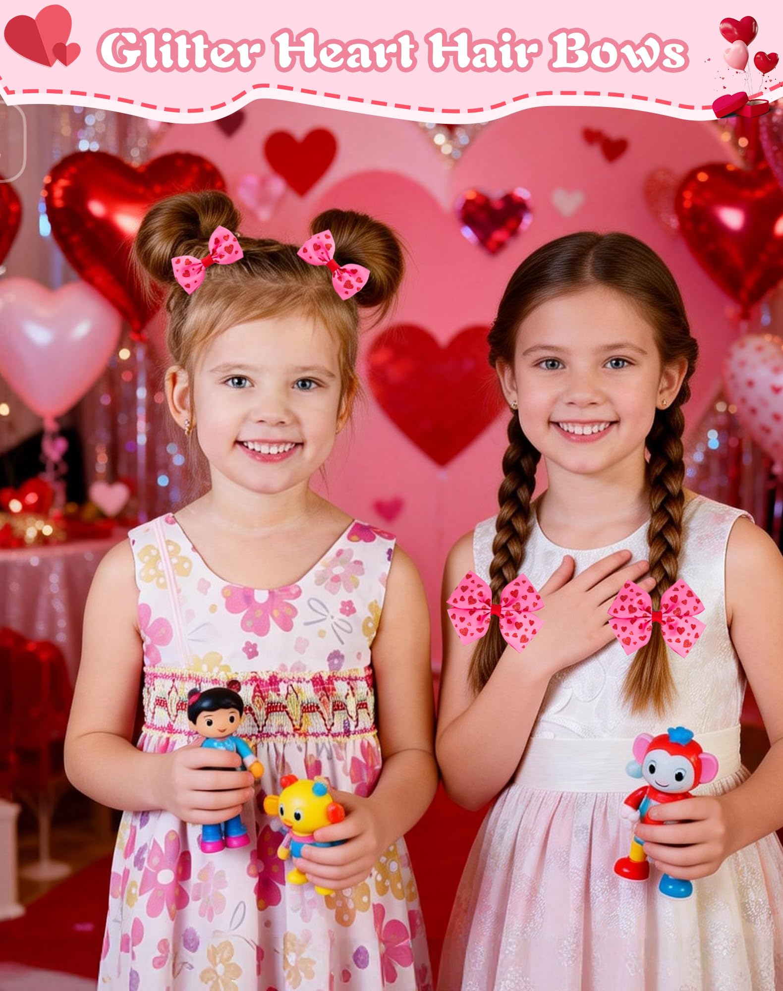 Valentines Day Hair Bow Clips Set, 4PCS Glitter Red Heart Hair Accessories for Girls & Teens, Non Slip Metal Hairpin Love Valentines Day Bows for Ponytail & Braids - Hot Pink