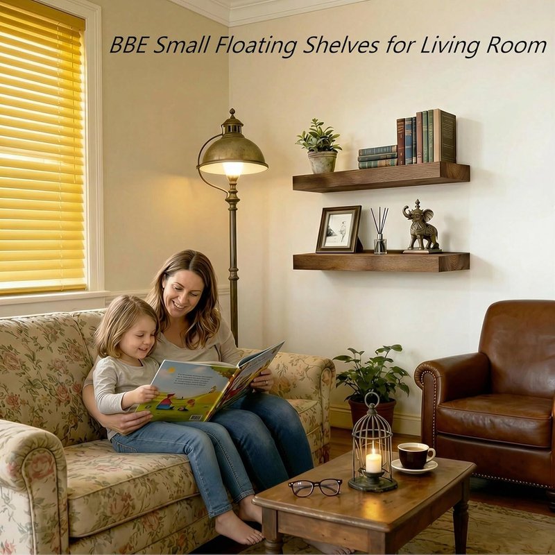 BBE Rustic Walnut Floating Shelves - Wall-Mounted Bathroom Decor | Set of 2, 16 Inch Storage for Living Room, Bedroom, Kitchen