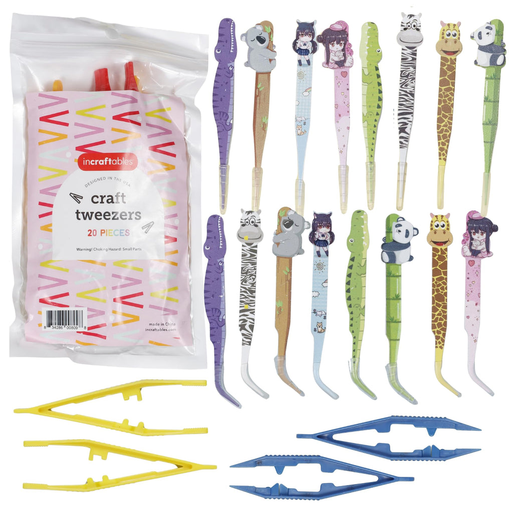 Incraftables Craft Tweezers - 20 Pieces – Fun Metal & Plastic Tweezers - Animal Shape Crafting Tongs for DIY Bead Jewelry Making Beading Project