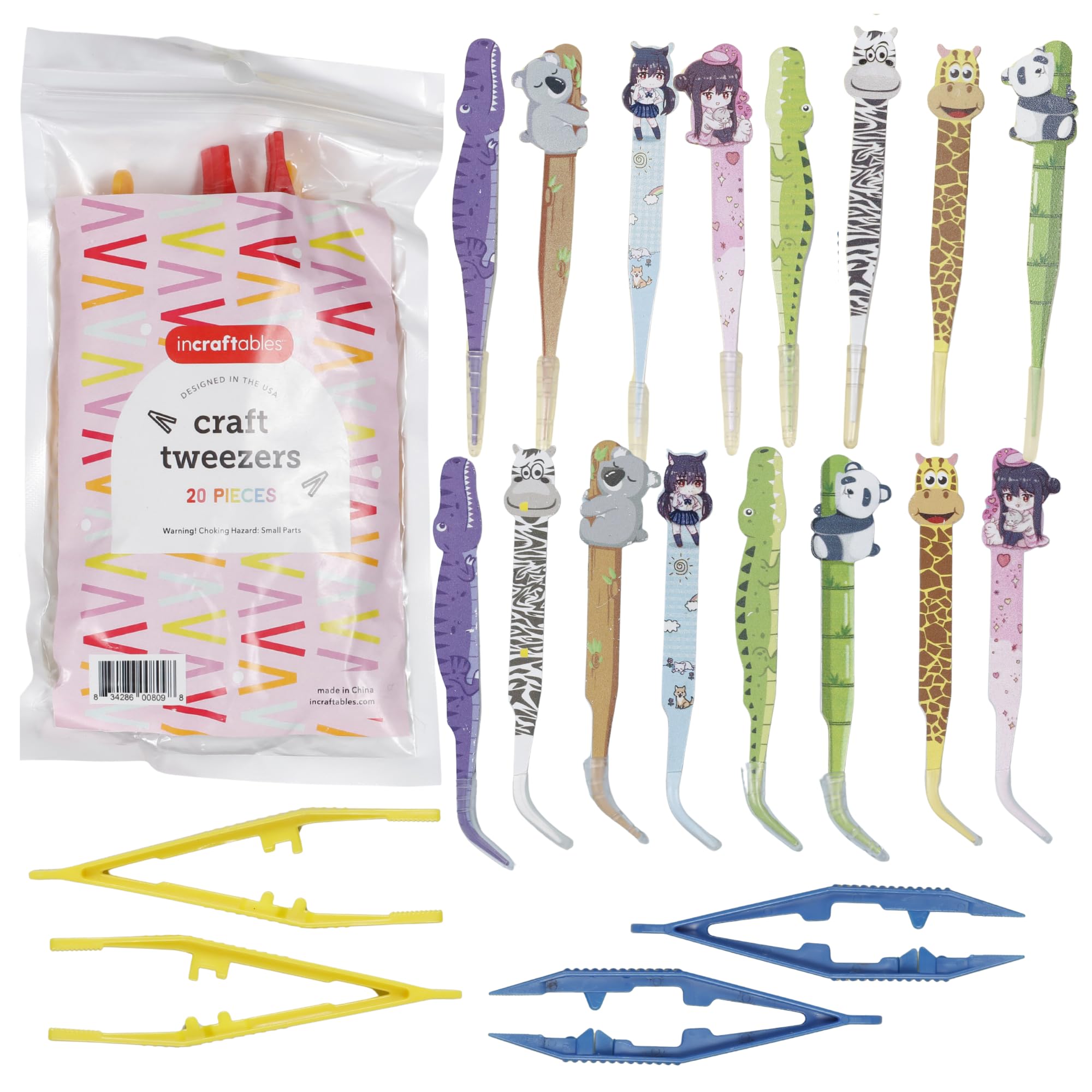 Incraftables Craft Tweezers - 20 Pieces – Fun Metal & Plastic Tweezers - Animal Shape Crafting Tongs for DIY Bead Jewelry Making Beading Project
