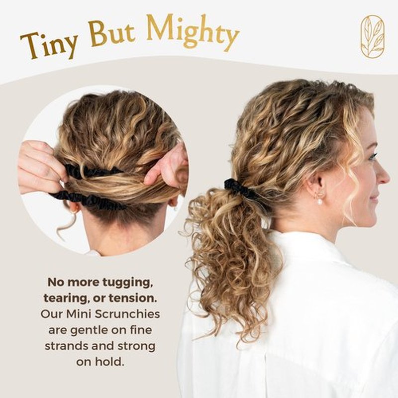 Authentic Mini Mulberry Silk Scrunchies for Women & Kids - Anti Breakage Small Silk Scrunchies for Fine, Curly & Thin Hair - No Dent, No Slip Hair Ties for Buns, Sleep & Ponytail - Onyx Black (3 Pack)
