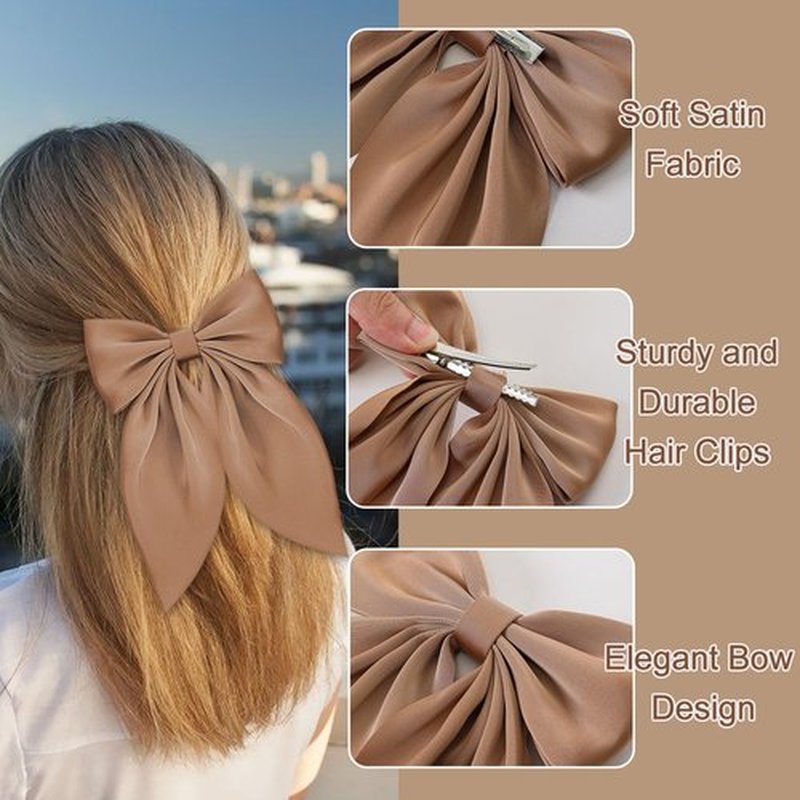 Officentra 6PCS Silky Satin Hair Bows for Women, Hair Bows for Girls,Best Hair Clip Gifts for Women and Girls