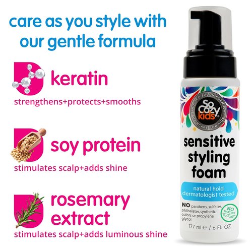 SoCozy Kids Sensitive Styling Foam - Gentle Hold for Straight or Curly Hair - Rosemary Scent (6 fl oz)