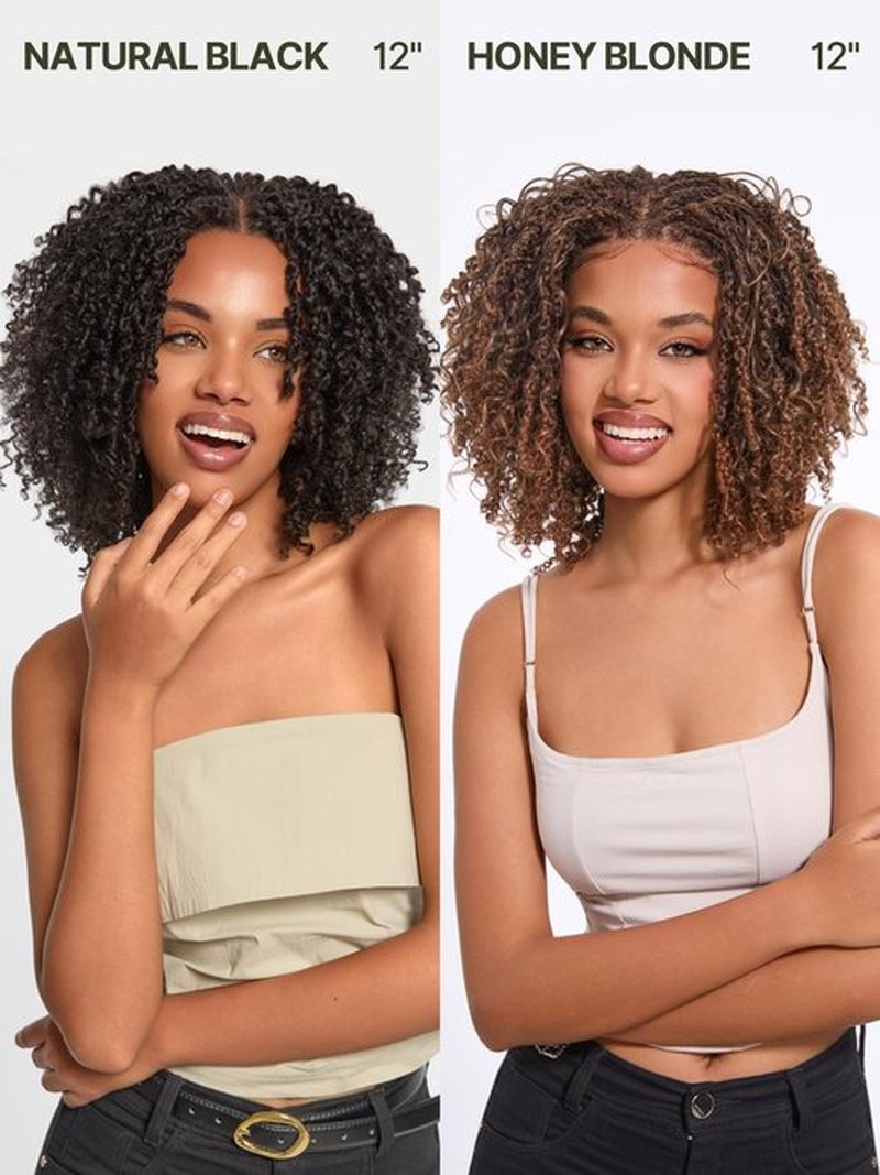 Frodio Veralux Fiber 12'' Synthetic 11X4 Lace Frontal Wig 200% Density Micro Twist Curly Wigs 11X4 Closure HD Lace Dreadlock Wig Glueless Wigs Natural Black Ready to Go Wig for Women