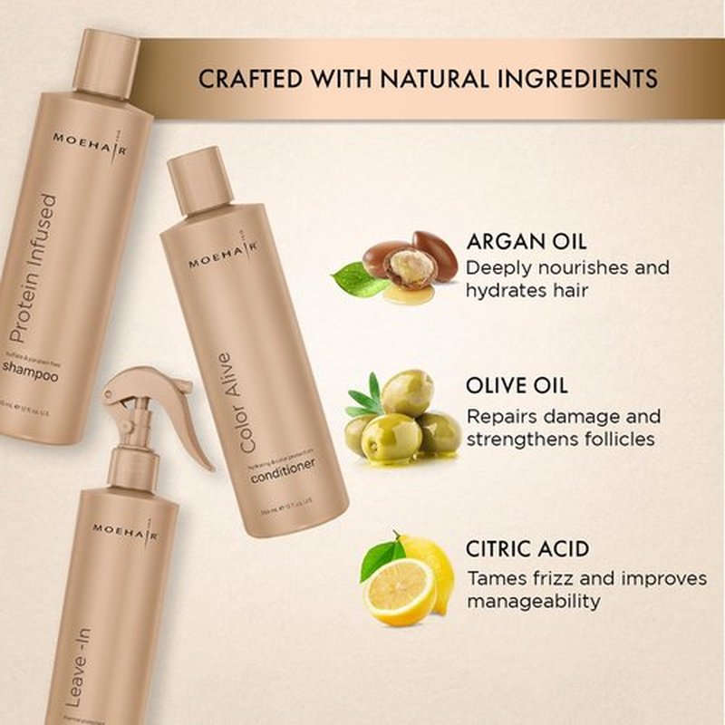MOEHAIR Protein Infused Shampoo Trio - Hydrating Shampoo, Color Alive Conditioner & Leave-in Conditioner (12 Fl Oz Each) for Dry, Damaged Hair