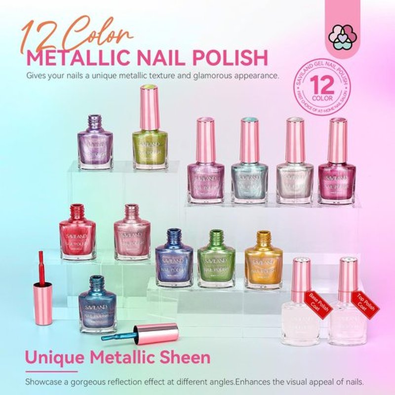 SAVILAND Metallic Nail Polish with Base and Top Coat: Chrome Nail Polish Set 12+2 Colors Mirror Glitter Holographic Silver Pink Quick-Dry Nail Polish for Fingernail French Manicure Art DIY Gift
