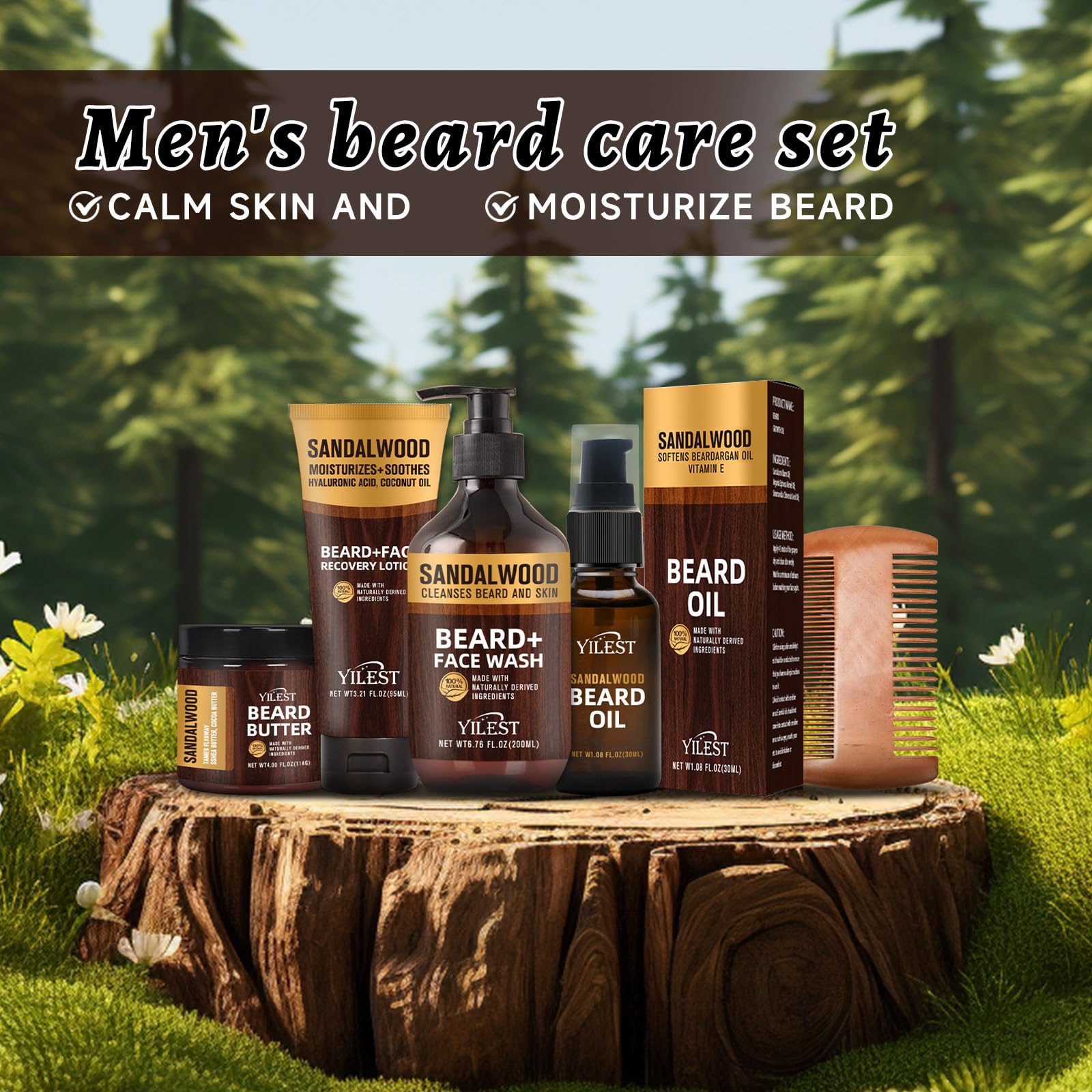 Sandalwood Beard Care Set – The Perfect Father's Day Gift | Nourish Follicles for Elastic Growth, Deeply Condition with Butter & Oil, Soothe Skin with Recovery Lotion & Gentle Wash