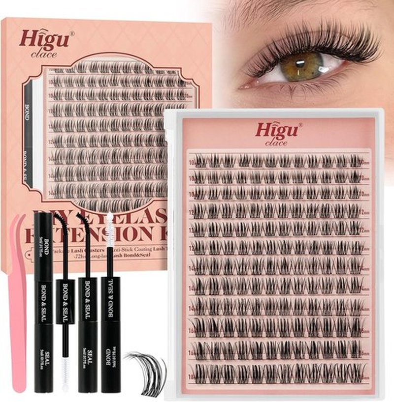 Higu clace Lash Clusters Kit, 144PCS Lashes Clusters Kit with Lash Bond and Seal, C Curl Wispy Cluster Eyelash Extensions Natural Look with Thin Band Easy to use for Beginners (A09）