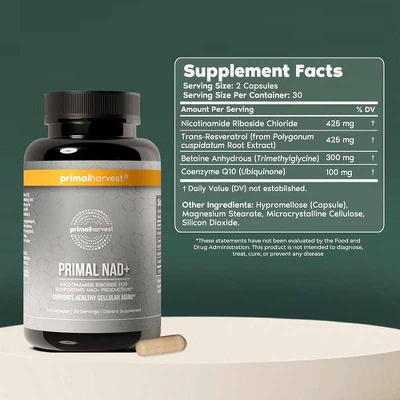 Primal Harvest NAD+ Supplement - Boost Cellular Health & Energy | Nicotinamide Riboside, CoQ10 (60 Count)