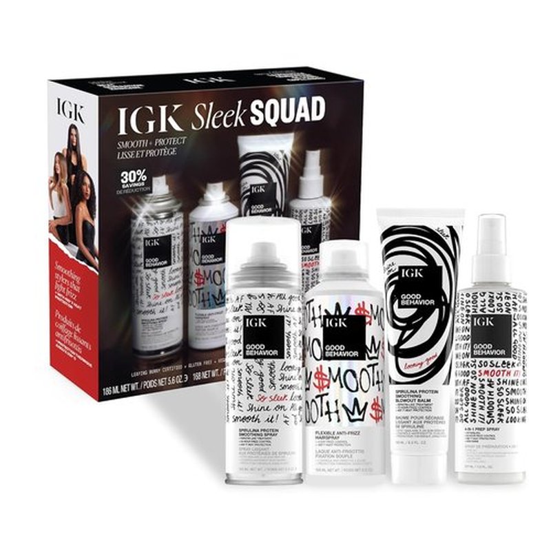 IGK Good Behavior Holiday 2025 Gift Set - Flexible Hairspray 5 oz, Smoothing Spray 5.6 oz, 4-in-1 Prep Spray 7 oz | Anti-Frizz, Heat Protection & Shine for All Hair Types