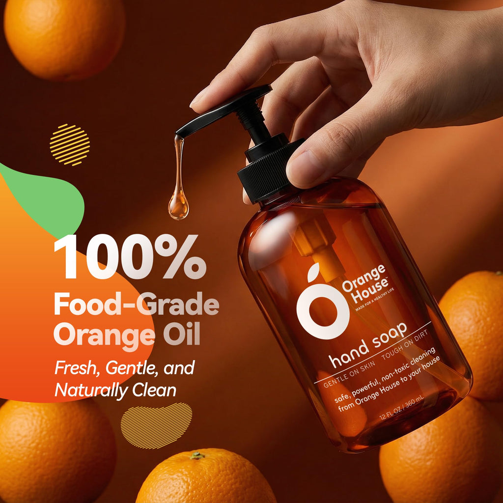 ORANGE HOUSE Natural Liquid Hand Soap, Food-Grade Orange Oil Moisturizing Hand Wash, Plant-Based & Hypoallergenic, Gentle on Skin, Non-Toxic Citrus Scented Soap, 12 Fl Oz (6 Pack)