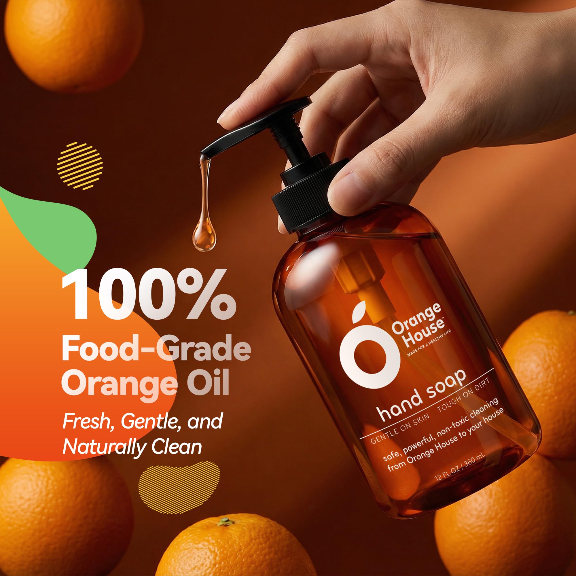 ORANGE HOUSE Natural Liquid Hand Soap, Food-Grade Orange Oil Moisturizing Hand Wash, Plant-Based & Hypoallergenic, Gentle on Skin, Non-Toxic Citrus Scented Soap, 12 Fl Oz (6 Pack)