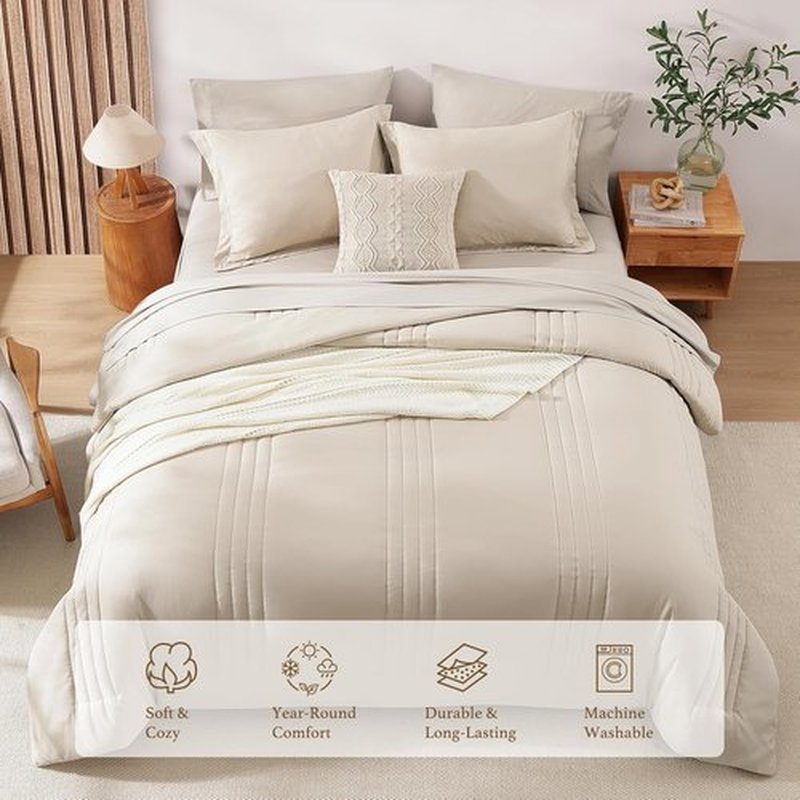 Monbix Queen Comforter Set - 7-Piece Beige Bedding Set with All-Season Comforter, Sheets & Pillowcases