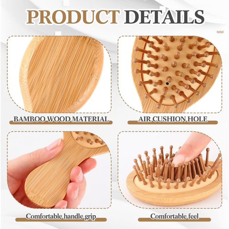 FoldTier 6 Pack Mini Bamboo Hair Brush Bulk Pocket Travel Small Hairbrush Massage Scalp Detangling Brush for Valentine Gifts Bulk Bridesmaid Party Favors (Oval)