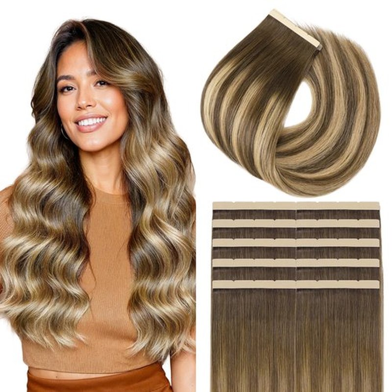 GOO GOO Tape In Weft Hair Extensions Human Hair, 4/27/4 Balayage Chocolate Brown to Caramel Blonde, 8cm Wide Tape, 20inch 10pcs 50g, Tape Weft Hair Extensions, Seamless Tape in