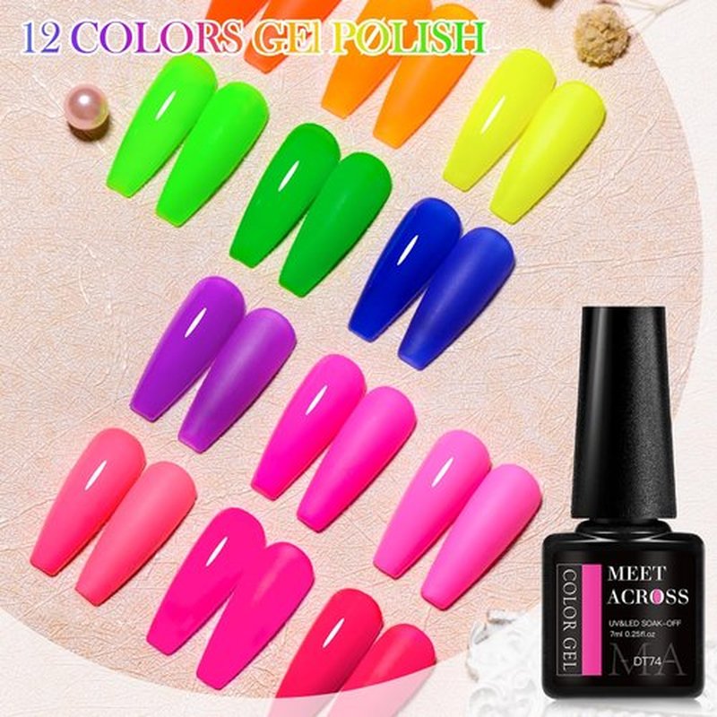 MEET ACROSS 12pcs Gel Nail Polish Set,Soak Off UV LED Lamp Gel Nail Polish Kit,Fashion Shimmer Nail Art Design Gifts for Women Manicure Salon (Neon series)