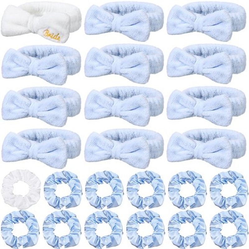 24 Pcs Bachelorette Party Favors Include 12 Bride Bridesmaid Spa Headband 12 Bridesmaid Gifts Scrunchies for Women Sleepover Spa Bachelorette Party Accessories Supplies(White,Blue)