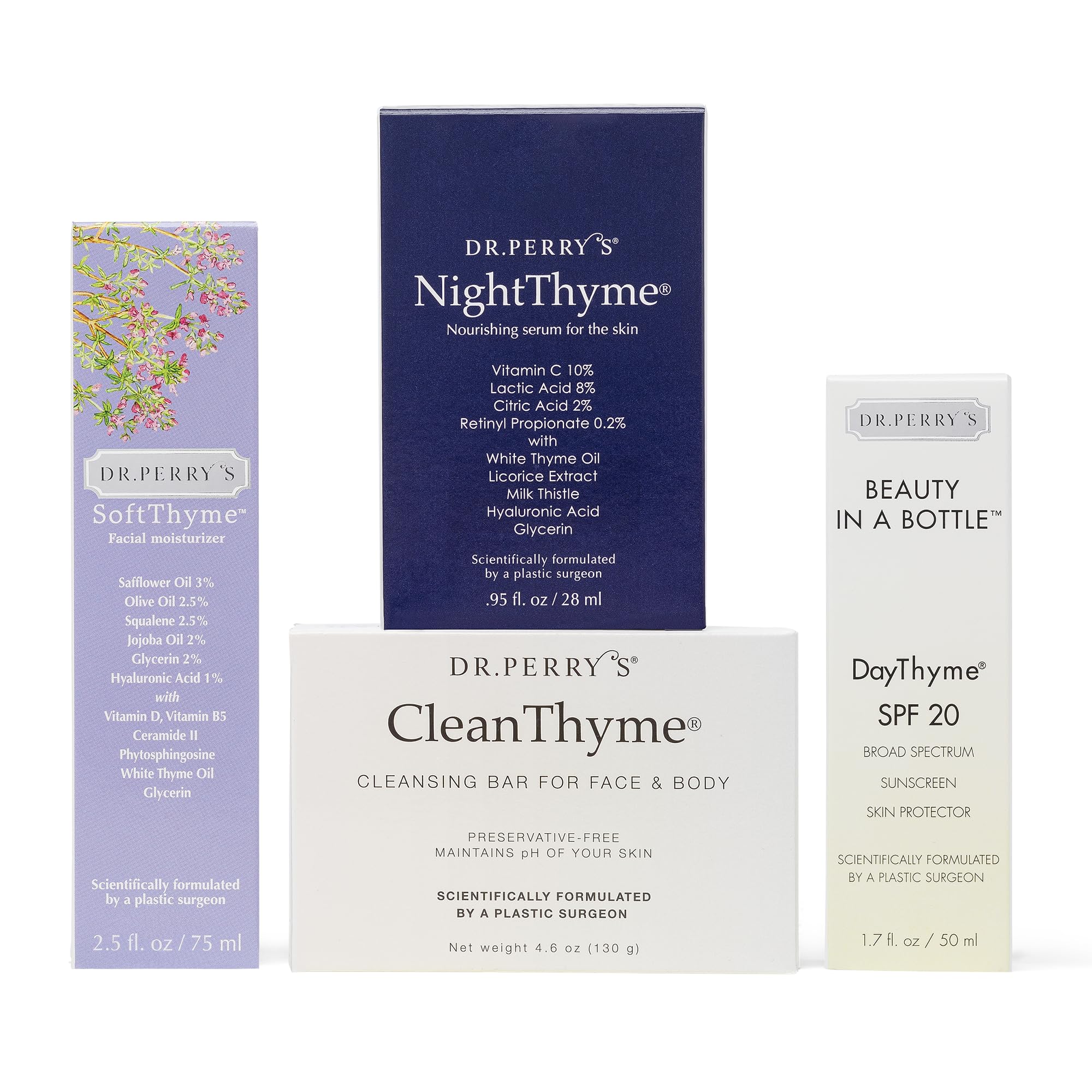 Dr. Perry's Complete Facial Skincare Regimen, 4 Pc. Kit - Vitamin C Night Serum, Facial Moisturizer, SPF Skin Protector, Facial Cleansing Bar