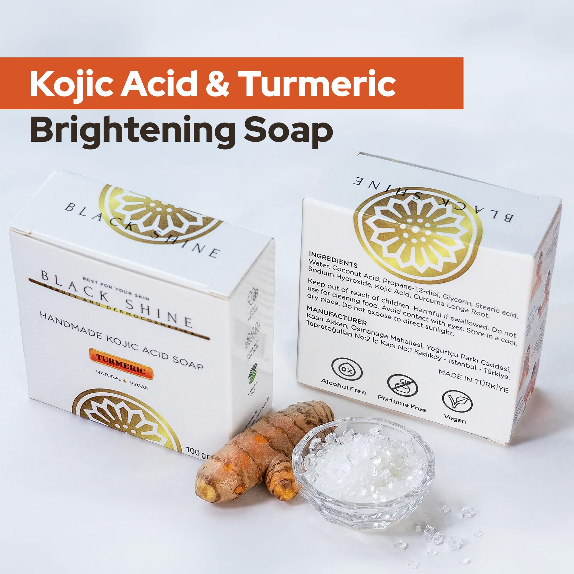 Black Shine BS Kojic and turmeric soap bar for face and body with glycerin, coconut acid, and turmeric root. Cleanses with a rich lather and leaves skin feeling soft, fresh, and comfortably clean.