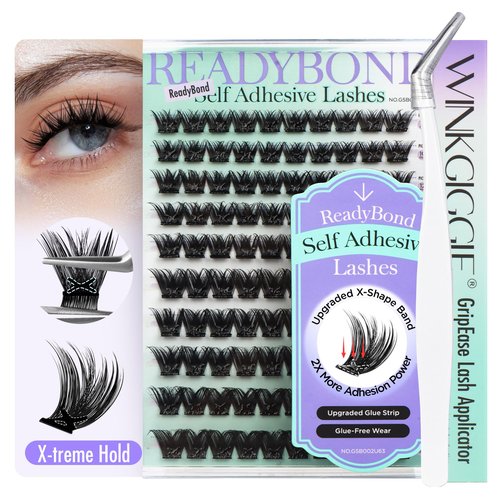 Self Adhesive Lash Clusters, Winkgiggle 100pcs No Glue Needed Self Adhesive Eye Lashes Clusters, Reusable Pre-Glued Lashes No Remover No Residue for Beginners（Volume-Mixed）