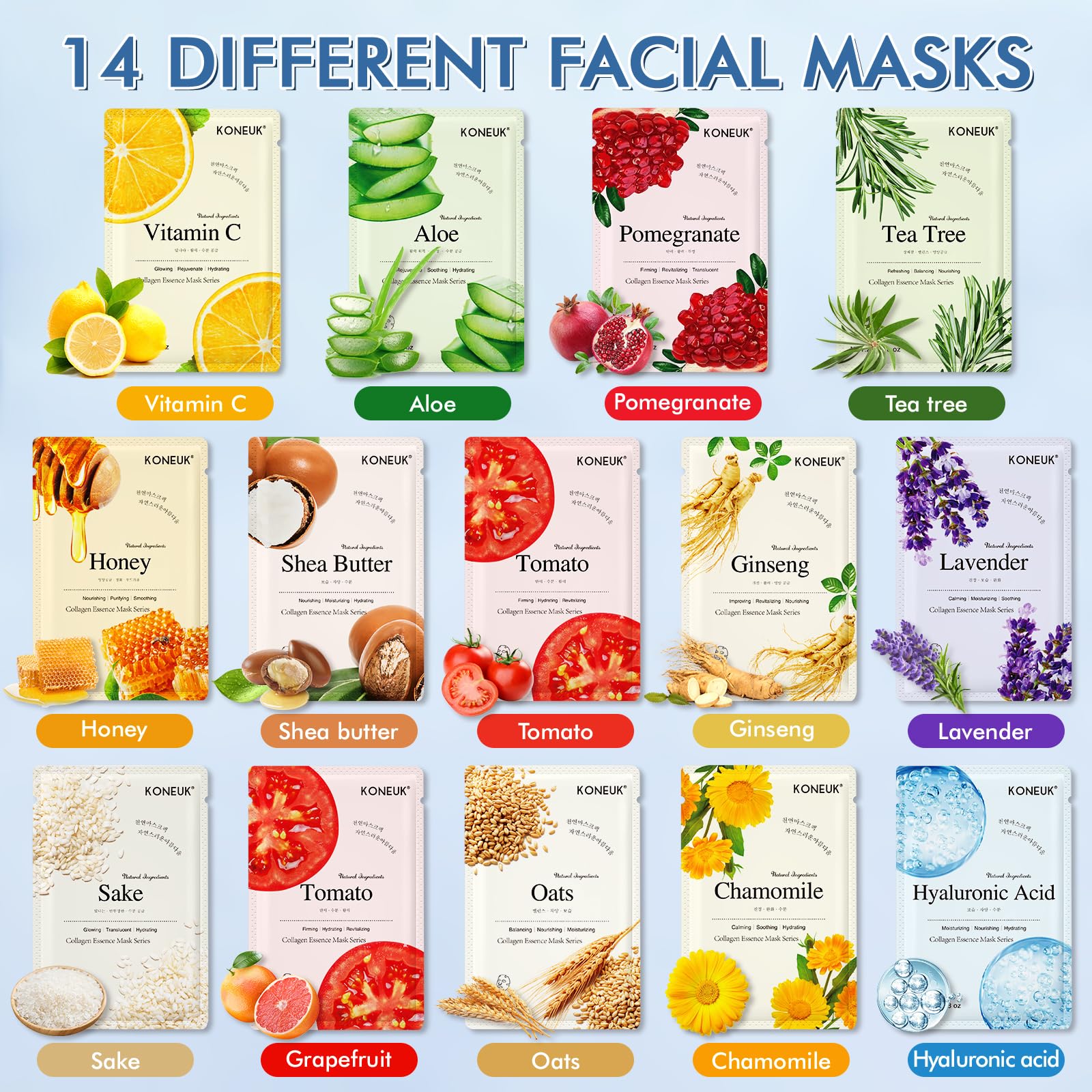 KONEUK 14 Pack Sheet Face Masks Skincare, Hydrating Face Masks Suitable for Dry Skin, Bulk Facial Mask Set for Women Skin Care, Face Mask Gifts Set for Face Spa