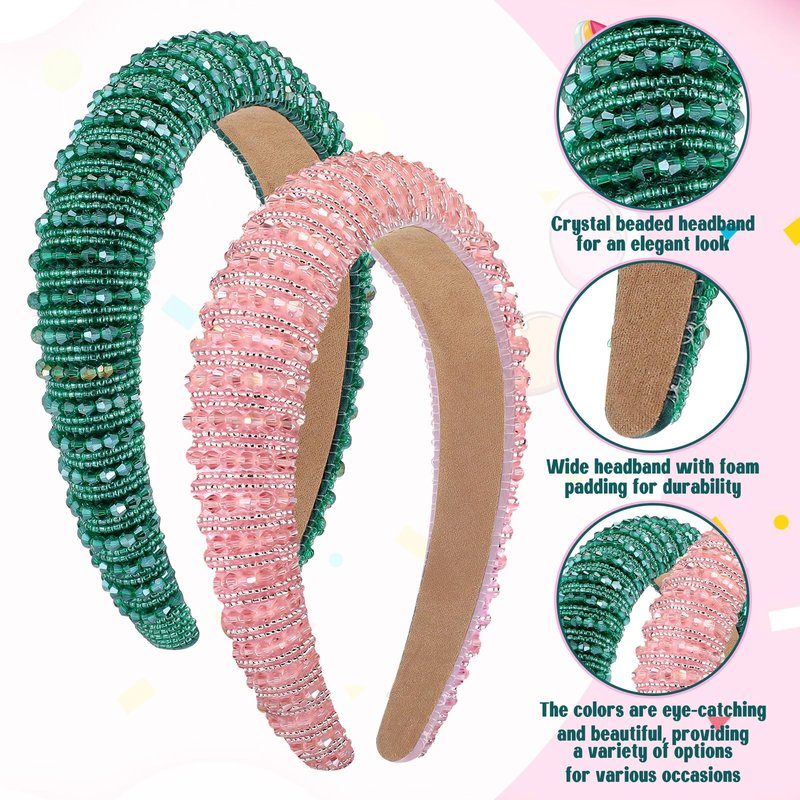 Wavyknot Witch Theme Party Favor 2 Pcs Pink and Green Bling Rhinestones Headband Crystal Diamond Beaded Hair Accessories Embellished Head Band Party Cosplay for Girls Women Valentines Wedding