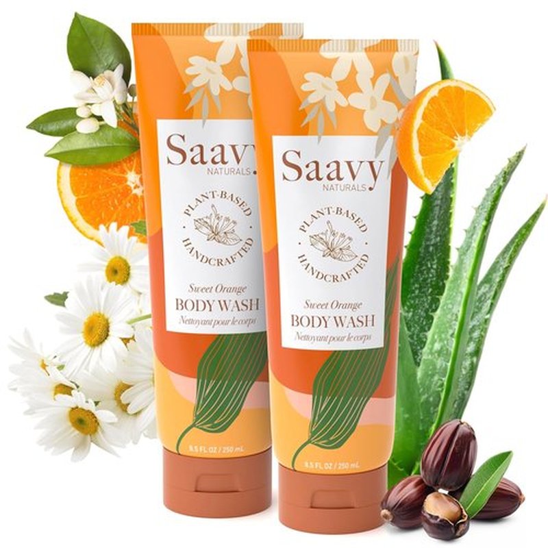 Saavy Naturals Moisturizing Body Wash - Plant-Based Formula with Coconut Oil & Aloe Vera | Sweet Orange, 8.5 fl oz, 2 Pack
