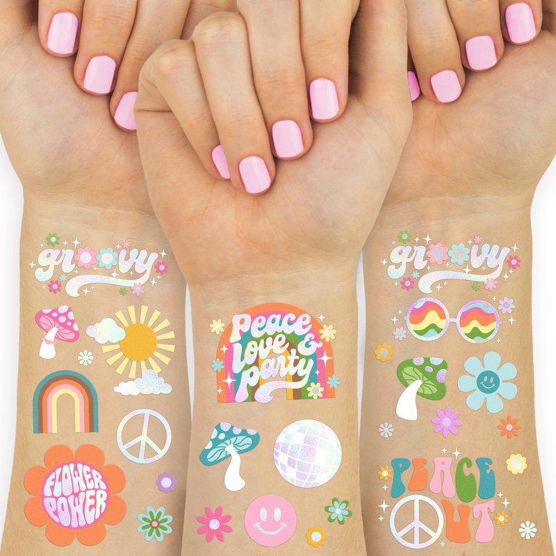 xo, Fetti Groovy Rainbow Birthday Party Temporary Tattoos - 52 Styles | Disco Party Supplies, Happy Pastel Birthday Decorations, 70s Baby Shower Favors, Cool Retro Peace Gift