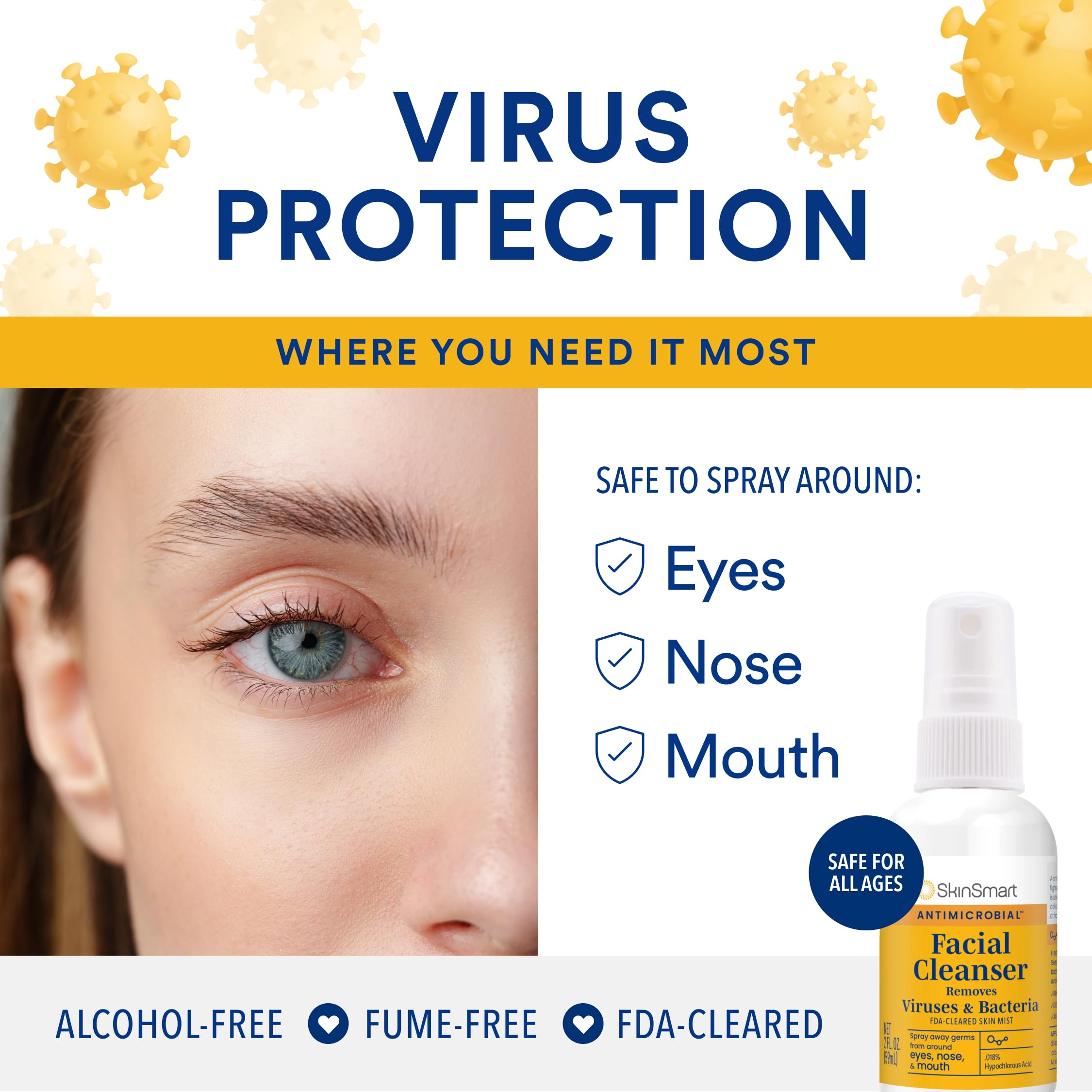 SkinSmart Antimicrobial Facial Cleanser Spray to Remove Viruses and Bacteria Around Eyes, Nose and Mouth, Fight Maskne, 2 oz Spray (3 Pack) Non-Irritating Hypochlorous Acid