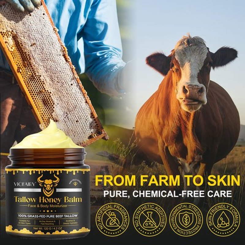 Marianp Beef Tallow for Skin, Tallow and Honey Balm, Organic Grass-Fed Beef Tallow & Raw Wild Honey Blend for Skin Care, Moisturizer Hydrates and Nourishes for Face and Body, Natural Lotion, 4.2 oz