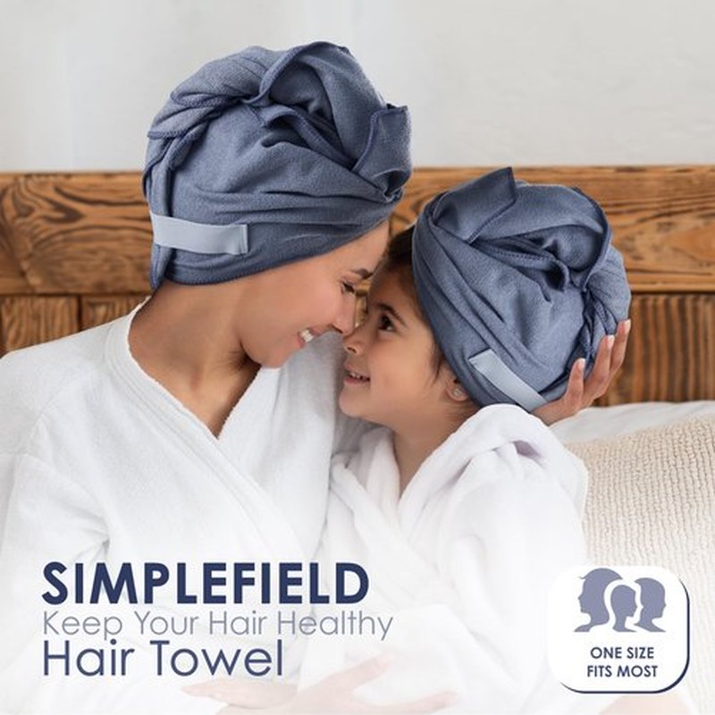SimpleField Large Microfiber Hair Towel Wrap for Women (27x40 Inches). Anti Frizz Rectangle Fast Drying Towel with Elastic Band for Long, Curly, and Thick Hair. Includes Reusable Carry Bag (Grey)