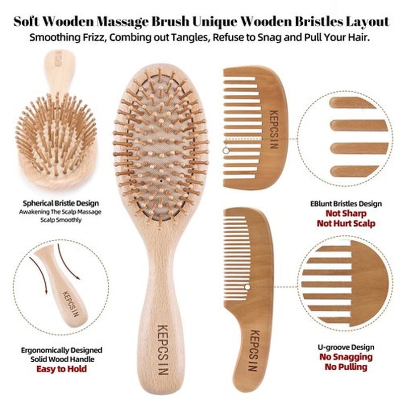 KEPCSIN 3PCS Wooden Hair Brush Set for Hair Growth, Natural Small Wood Comb Detangling Massage Scalp, Wide Tooth Pocket Comb No Bristle for Thick/Thin/Curly/Dry Hair, Gift for Women/Men