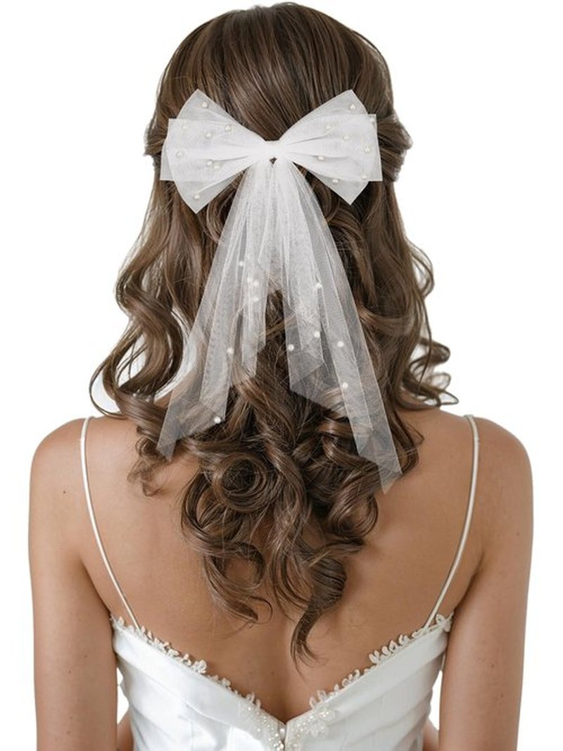 SWEETV Bridal Hair Bow Veil White Bow Clip Bachelorette Party Decorations Pearl Accessories Bride to Be Bridal Shower Gift