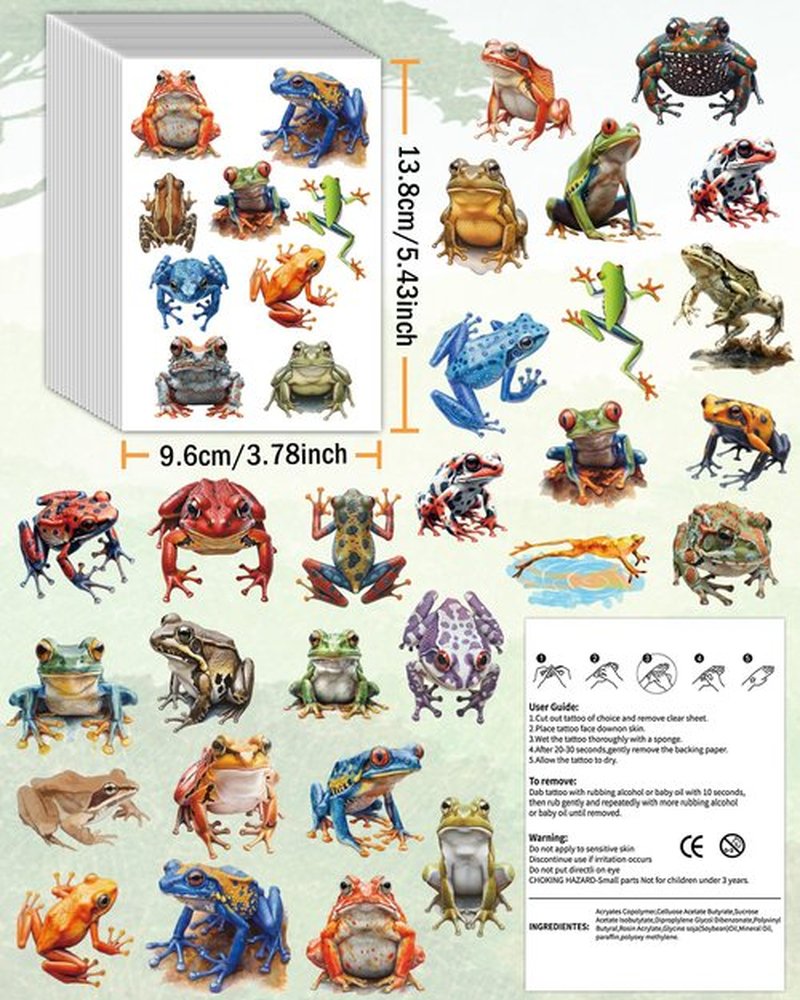 Frog Temporary Tattoos, 188 PCS 20 Sheets, Hypoallergenic, Hyper-Realistic Design, Frog Party Tattoos Stickers Themed Gifts for Leap Frogs Enthusiasts