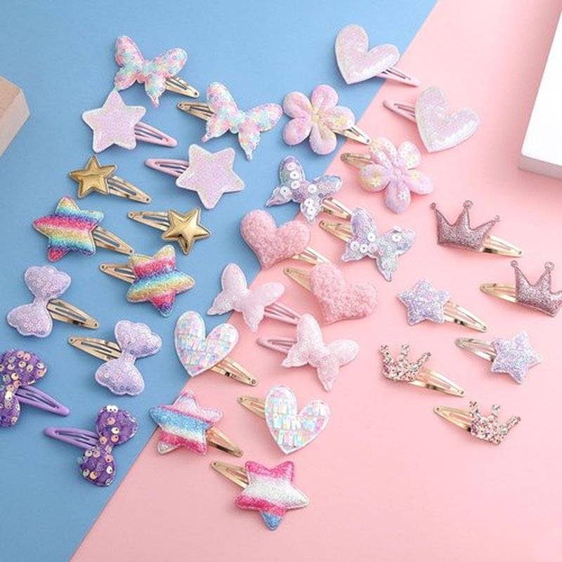 16 Pcs Hair Clips for Teens,Sparkly Metal Snap Barrettes, Cute Glitter Toddler Flower/Star/Crown/Heart/Butterfly Hair Accessory Multicolor Shaped Hair Accessories
