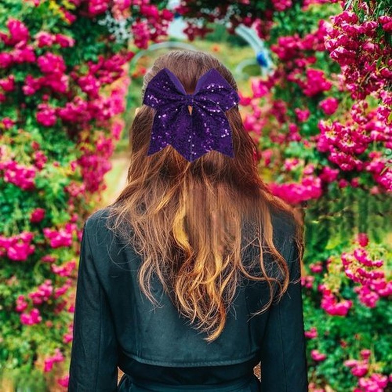 JOYRUBY 7 Inch Large Sequin Hair Bow Clips, Glitter Cheer Dark Purple Bow Hair Clip, Big Bows for Hair Clip Hair Accessories for Teens Girls Party Sports Women Cheerleading (Dark Purple)