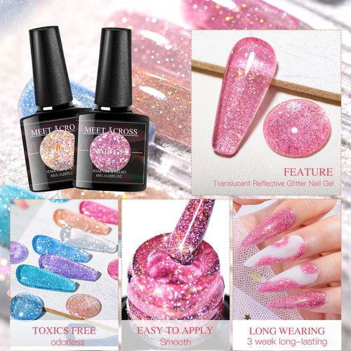 MEET ACROSS Reflective Glitter Gel Nail Polish, Shimmery Glitter Gel Polish Set, Sparkly Shiny Nail Art Varnish Manicure Kit, Soak Off LED Lamp, for Beginners DIY at Home