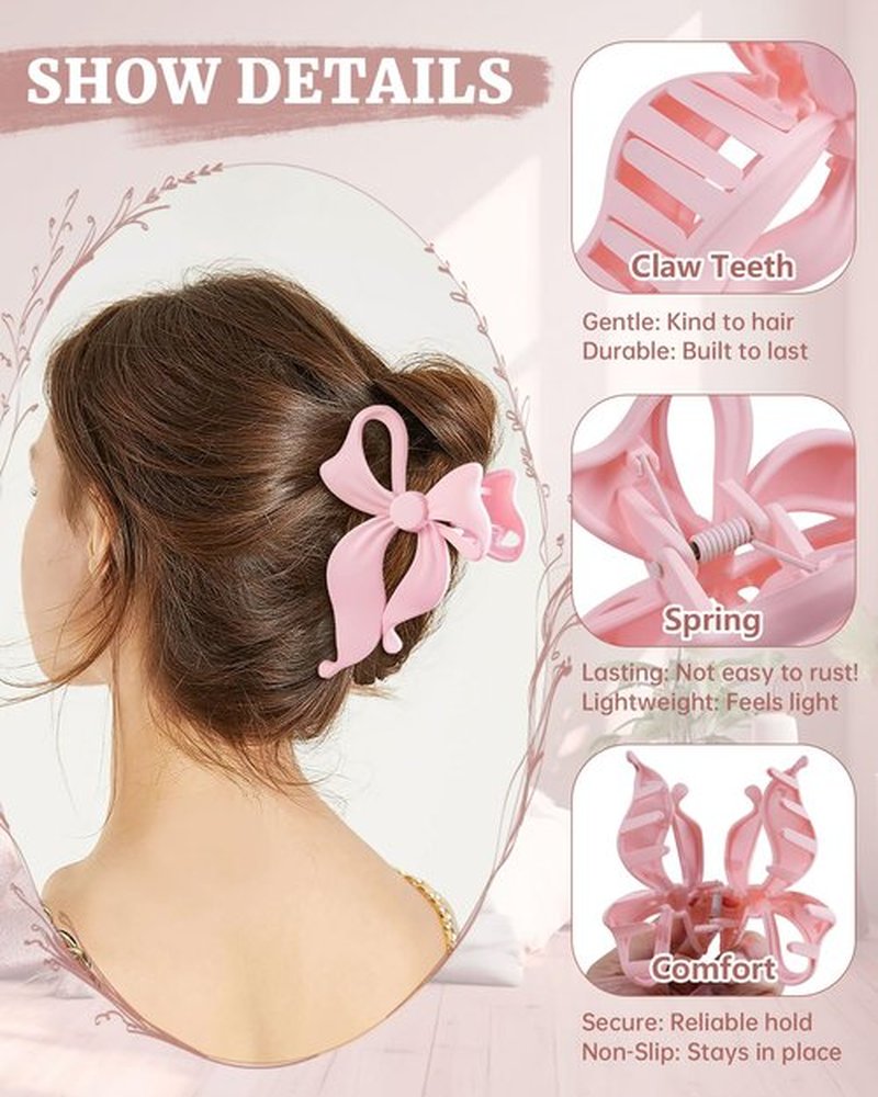 Mesovor 4 Pack Cute Bow Claw Clip for Women, Nonslip Large Matte Strong Hold Bows Hair Clips for Thin and Thick Hair | Chic Hair Styling Accessories (4.1" Black, Brown, Beige, Pink)