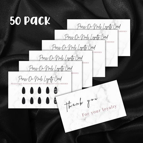 Boutique Marketing LLC Press-On Nail Loyalty Discount Cards | 50 Pack | 2x3.5 Inch inch Business Card Size | DIY Press-On Nail Kit | Marble Look with Black Nail Design,marble,black,white