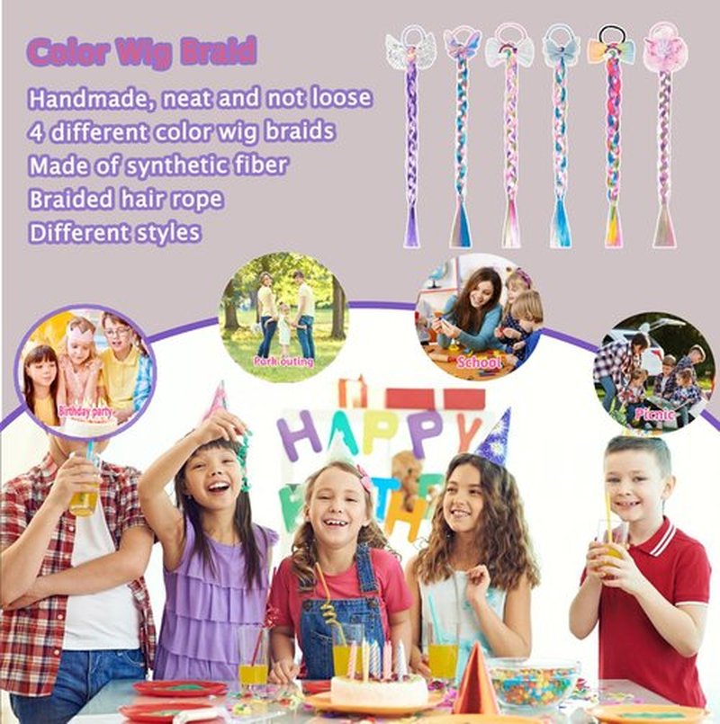 6 Pcs Rainbow Color Braids Hair Extensions - Ponytails & Bows with Rubber Bands - Glitter Braided Wig - Cosplay Hair Accessories for Girls & Women