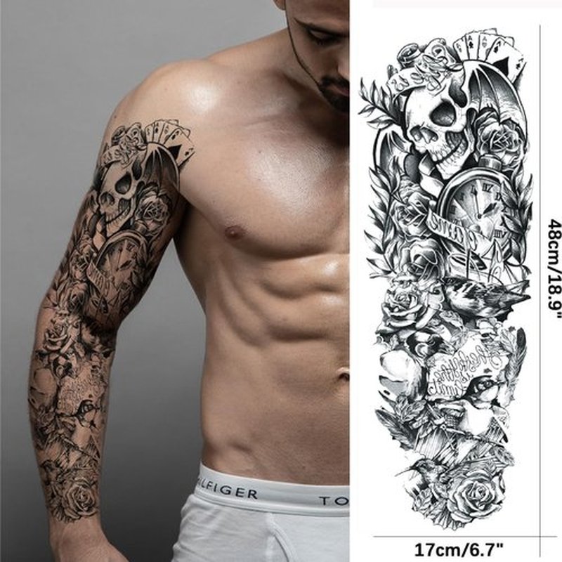 Pirate Skull Temporary Tattoo Sleeves for Men, 4-Sheet Full Arm Large Flower Skeleton Octopus Fake Tattoo Sleeve Adult Women and 4-Sheet Black 3D Anchor Clock Eye Half Temp Tatoo Sticker Leg Body Art