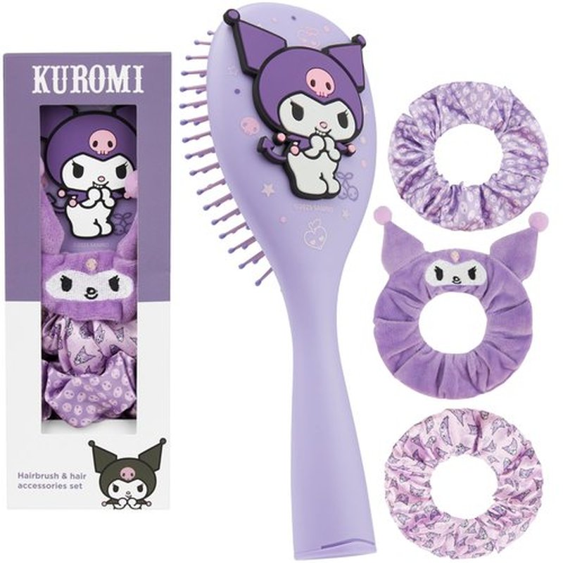 Hello Kitty Sanrio Hair Brush & Scrunchies Set, Kawaii Valentines Day Gifts for Women, Wife, Girlfriend, Girls, Teens, Kuromi, Cinnamoroll Cute Stuff, Detangler Brush (Kuromi Brush & Scrunchies)