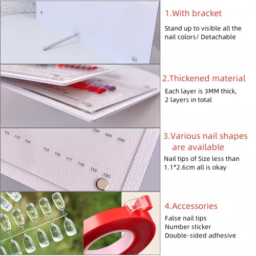 Acycoin2A 240 Nail Color Display Board Nail Art Sample Chart Acrylic Gel Polish Rack Colors Showing Shelf with False Nail Tips and Number Sticker