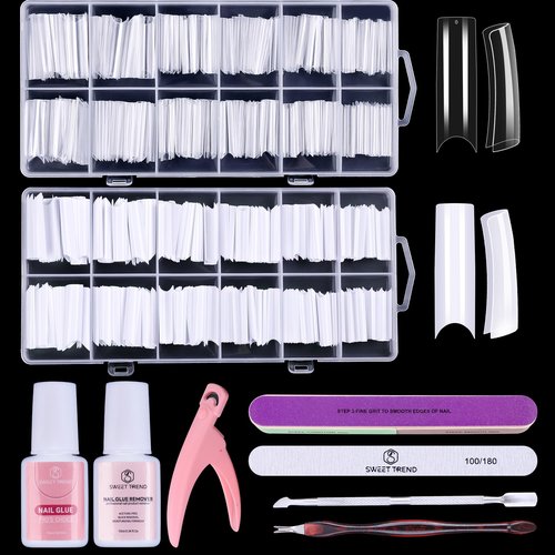 Fake Nail Tips White Clear: Sweet Trend No C Curve Tapered Square Nail Tips for Acrylic Nails - 480Pcs 12 Sizes Extra Long Straight Nail Extension Kit - with Glue Remover & Glue Acrylic Clippers Set