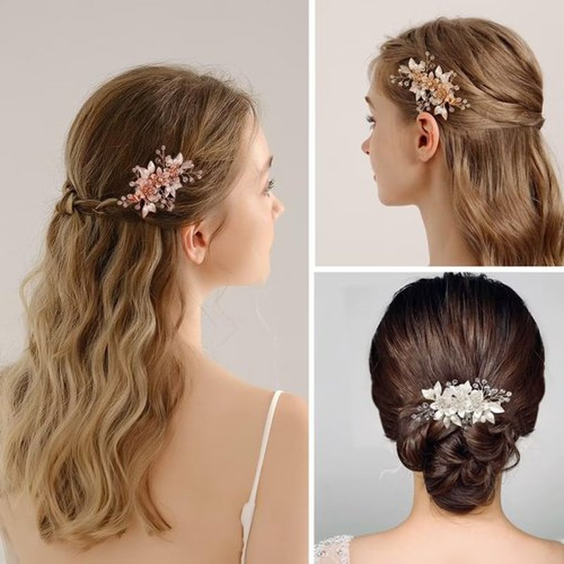 Sppry Floral Crystal Pearl Alligator Hair Clip and Rhinestone Bobby Pins, Elegant Hair Accessories for Bridal Women in Wedding or Prom, Set of 3 (Rose Gold)