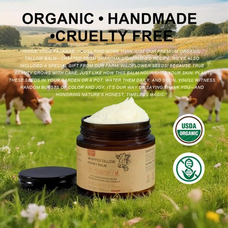Beef Tallow for Skin, Beef Tallow Honey Balm-100% Organic Grass-Fed-handmade Whipped-Face & Body Moisturizer cream，with Manuka Wild Honey, Natural Skin Care for Sensitive, Dry Skin, Body Lotion. 2oz