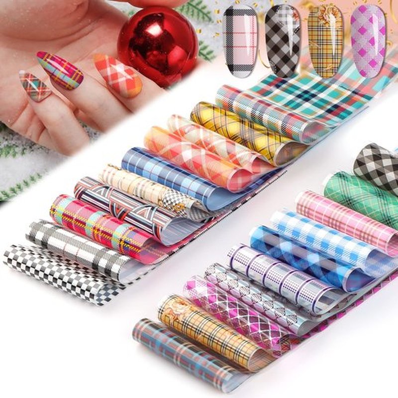 20 Sheets Buffalo Plaid Nail Foil Transfer Sticker, Kalolary Christmas Holographic Lines Foil Full Nail Wraps Decals for Winter DIY Nail Art