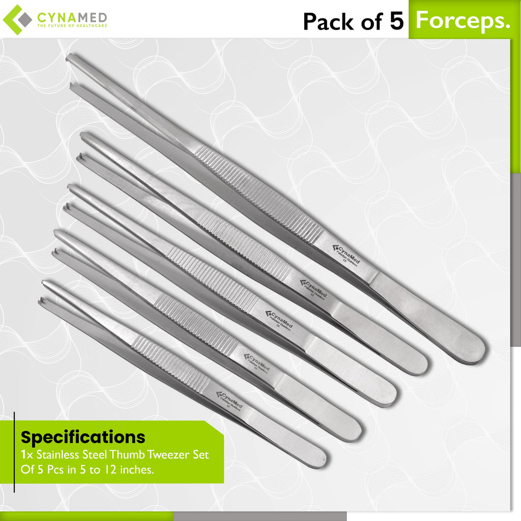 Cynamed Set of 5 Thumb Tweezer Multipurpose Forceps (Toothed, 1x2 Teeth) - Stainless Steel, 4.5in.-8 in.